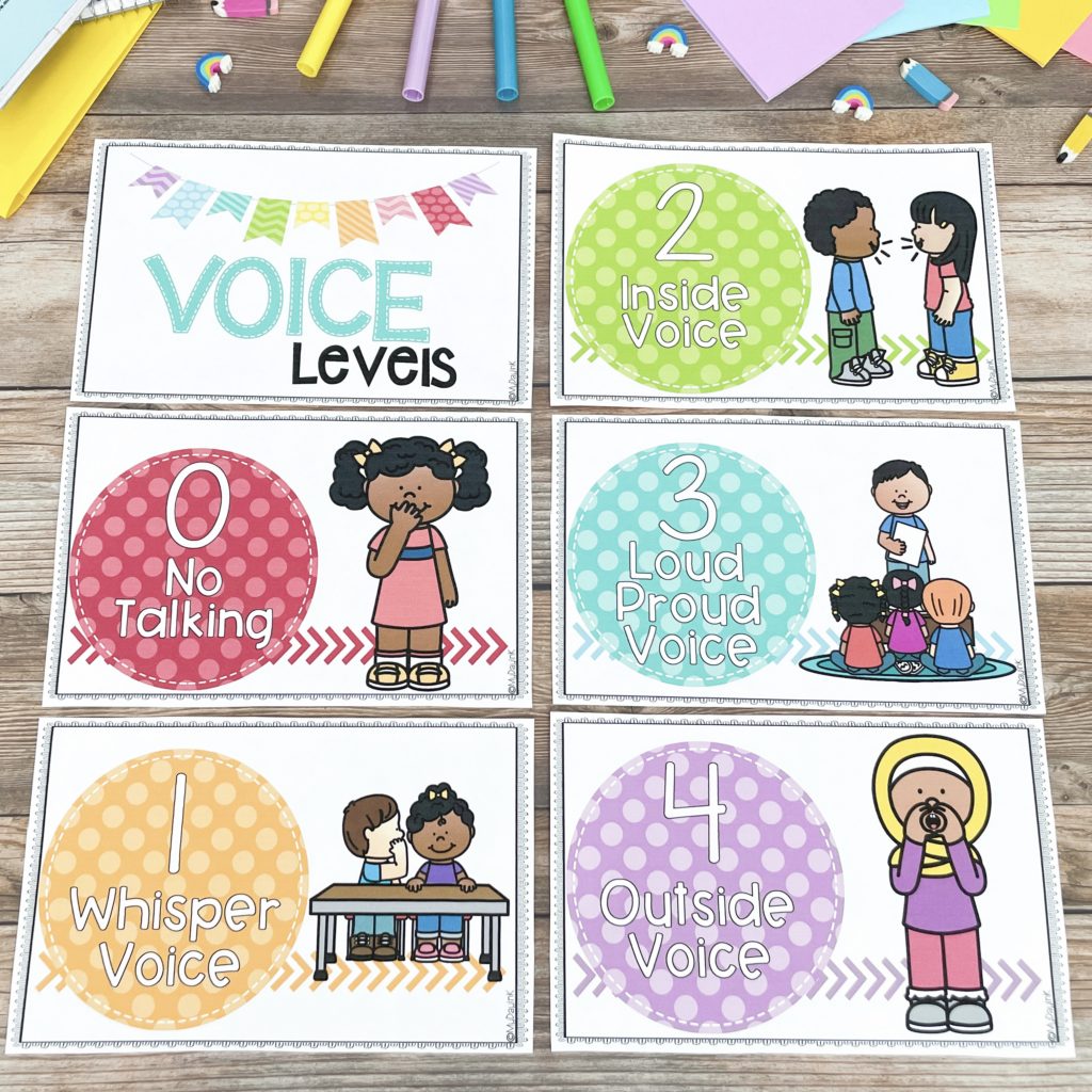 Photo of kindergarten voice levels chart showing which volume level students should use in the classroom at different points in the school day. 