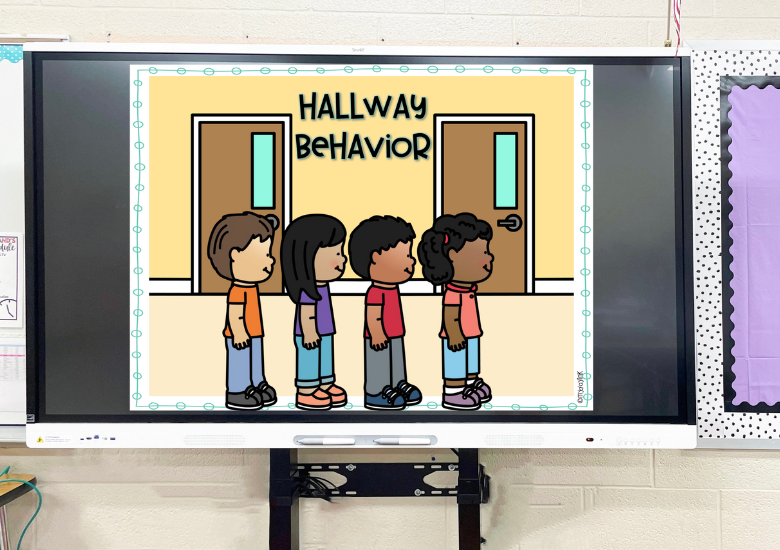 daily routines for kindergarten- children standing in a line with the words hallway behavior written above them