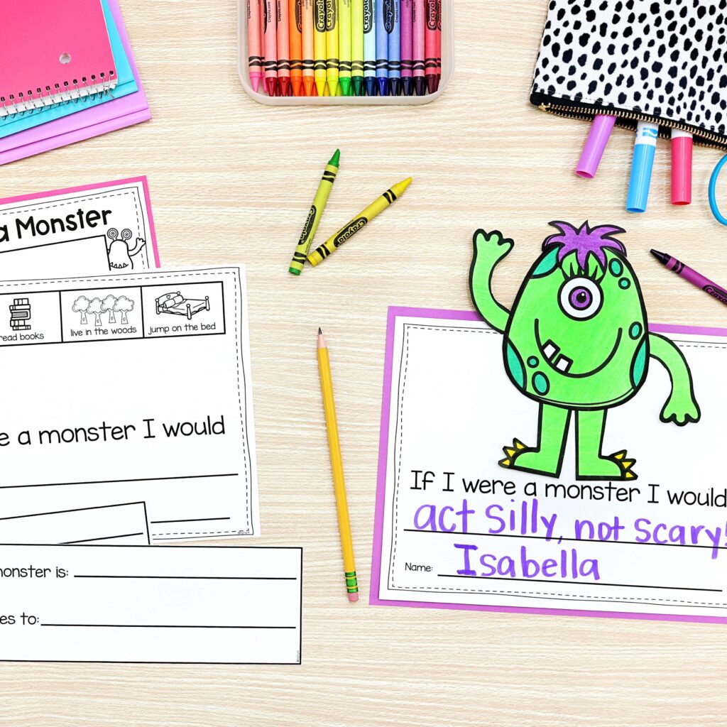 A monster and a writing prompt for a fun kindergarten writing activity. 
