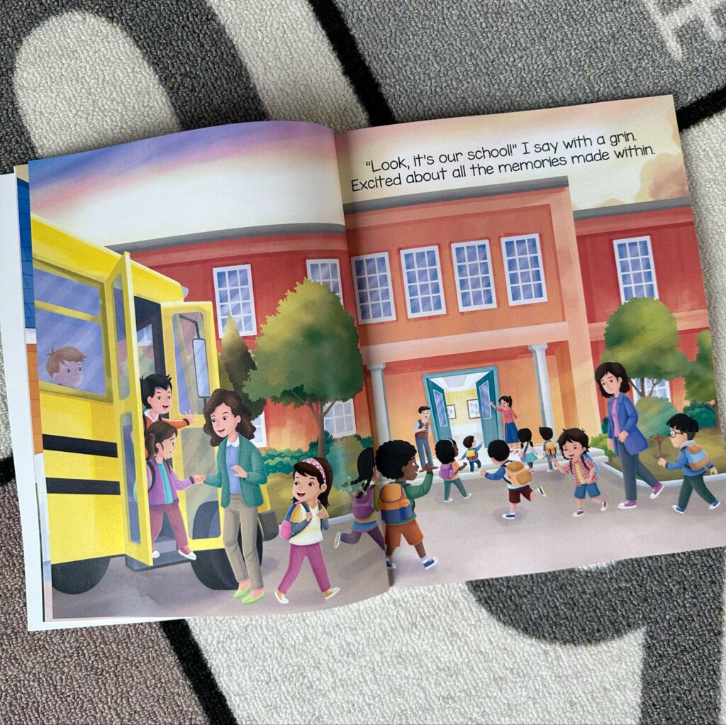Our last day in K book pages with bus and children